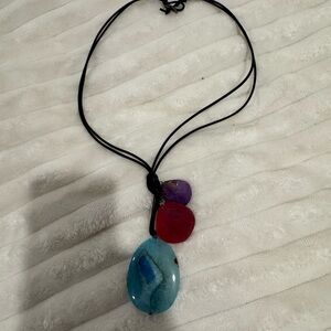 ATHENS PROTASIS 3 JEWEL PENDANT ON DOUBLE BLACK LEATHER CORDING LOOP CLASP